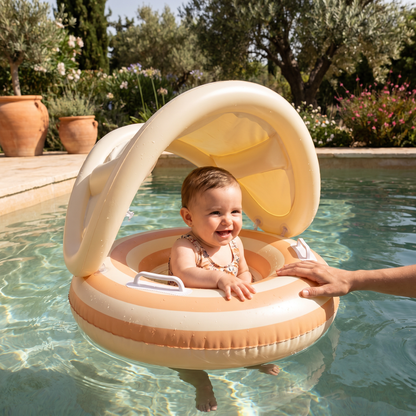 Anillo de natación para bebé con rayas retro inflable y capota solar desmontable – Asiento seguro para bebés de 6 a 36 meses