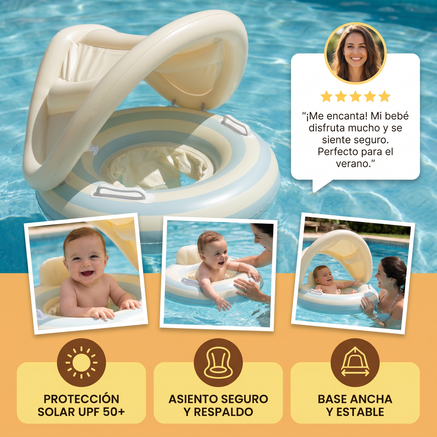 Anillo de natación para bebé con rayas retro inflable y capota solar desmontable – Asiento seguro para bebés de 6 a 36 meses