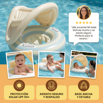 Anillo de natación para bebé con rayas retro inflable y capota solar desmontable – Asiento seguro para bebés de 6 a 36 meses