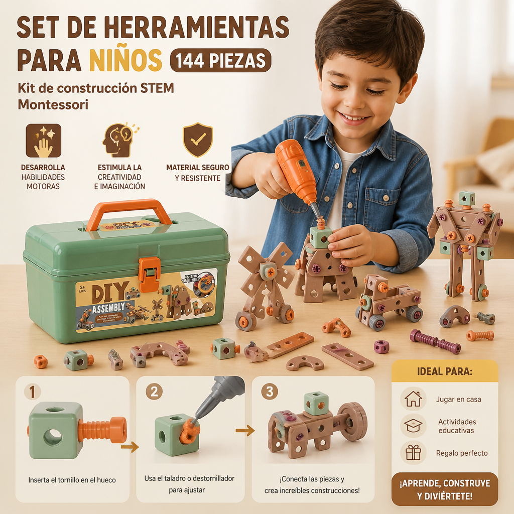 Set de Herramientas para Niños de 144 piezas con Taladro y caja de Herramientas – Kit de Construcción STEM Montessori