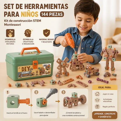 Set de Herramientas para Niños de 144 piezas con Taladro y caja de Herramientas – Kit de Construcción STEM Montessori