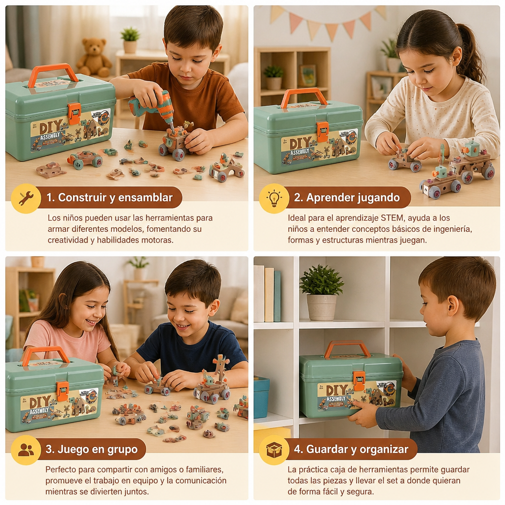 Set de Herramientas para Niños de 144 piezas con Taladro y caja de Herramientas – Kit de Construcción STEM Montessori