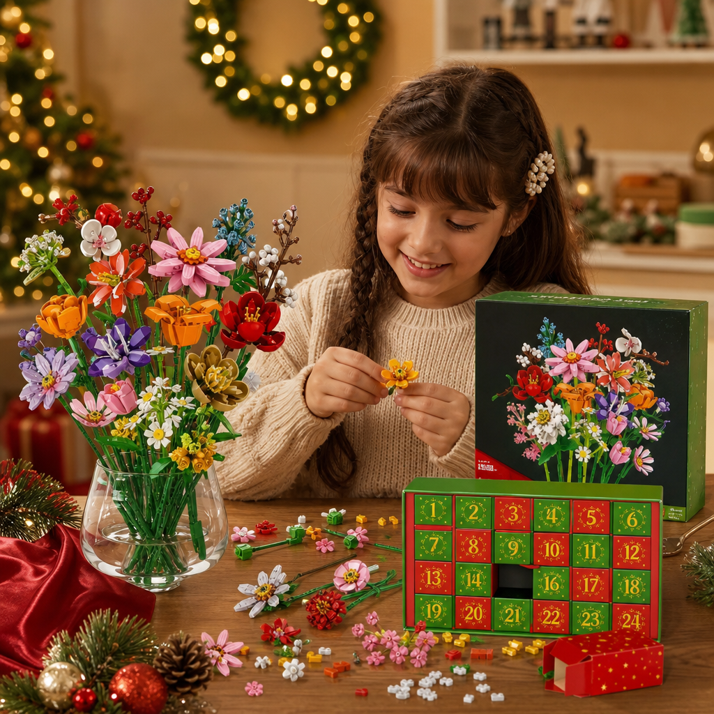 Calendario De Adviento Navideño Con Ramo De Flores De Bloques De Construcción