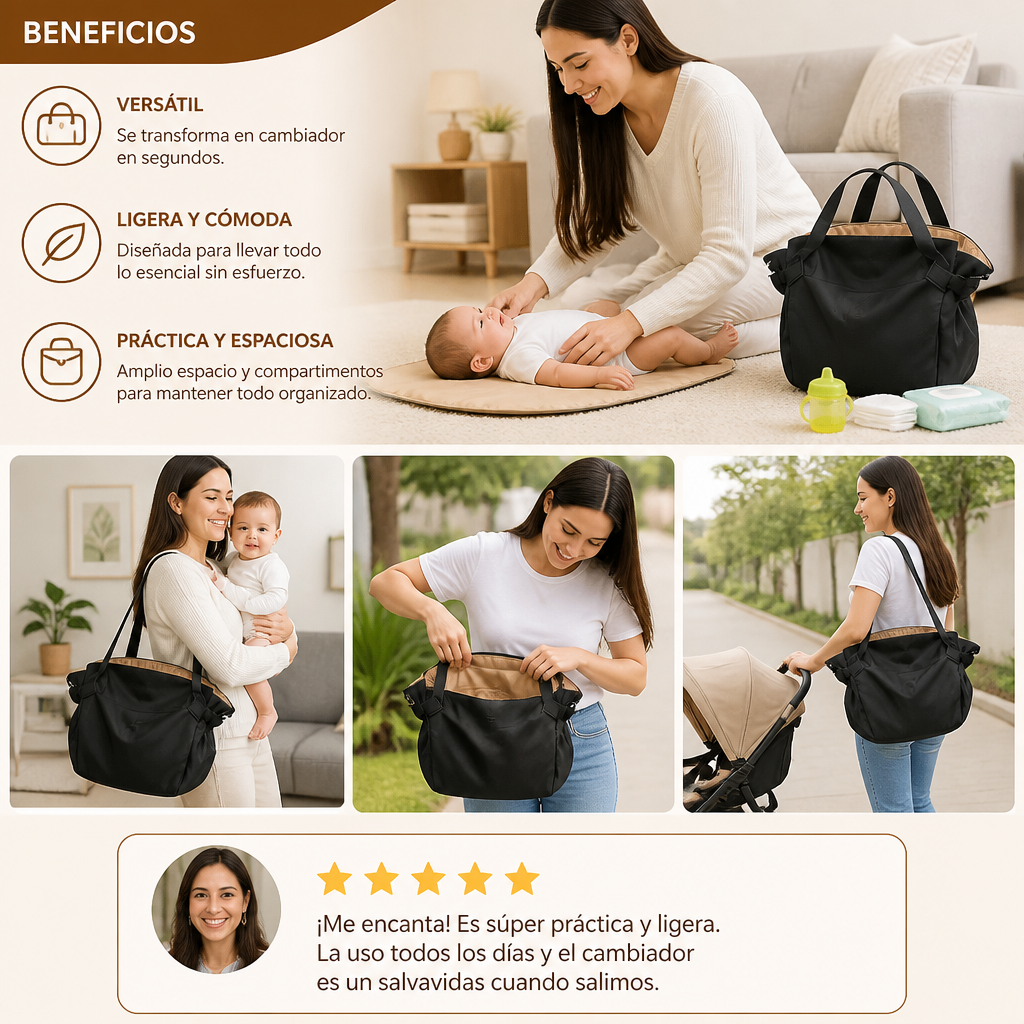 Bolsa de pañales plegable 2 en 1 con cambiador – Bolsa de viaje ligera y espaciosa para mamás