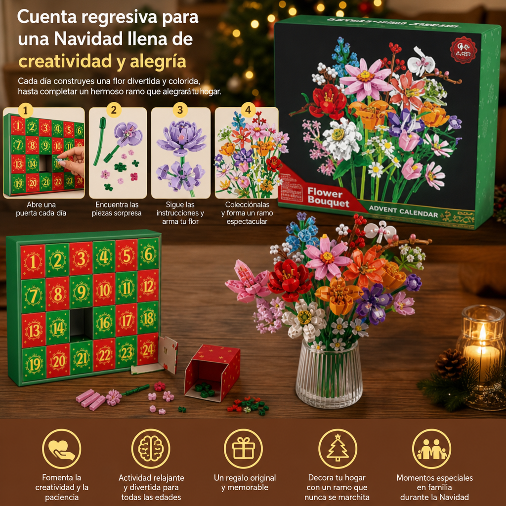 Calendario De Adviento Navideño Con Ramo De Flores De Bloques De Construcción