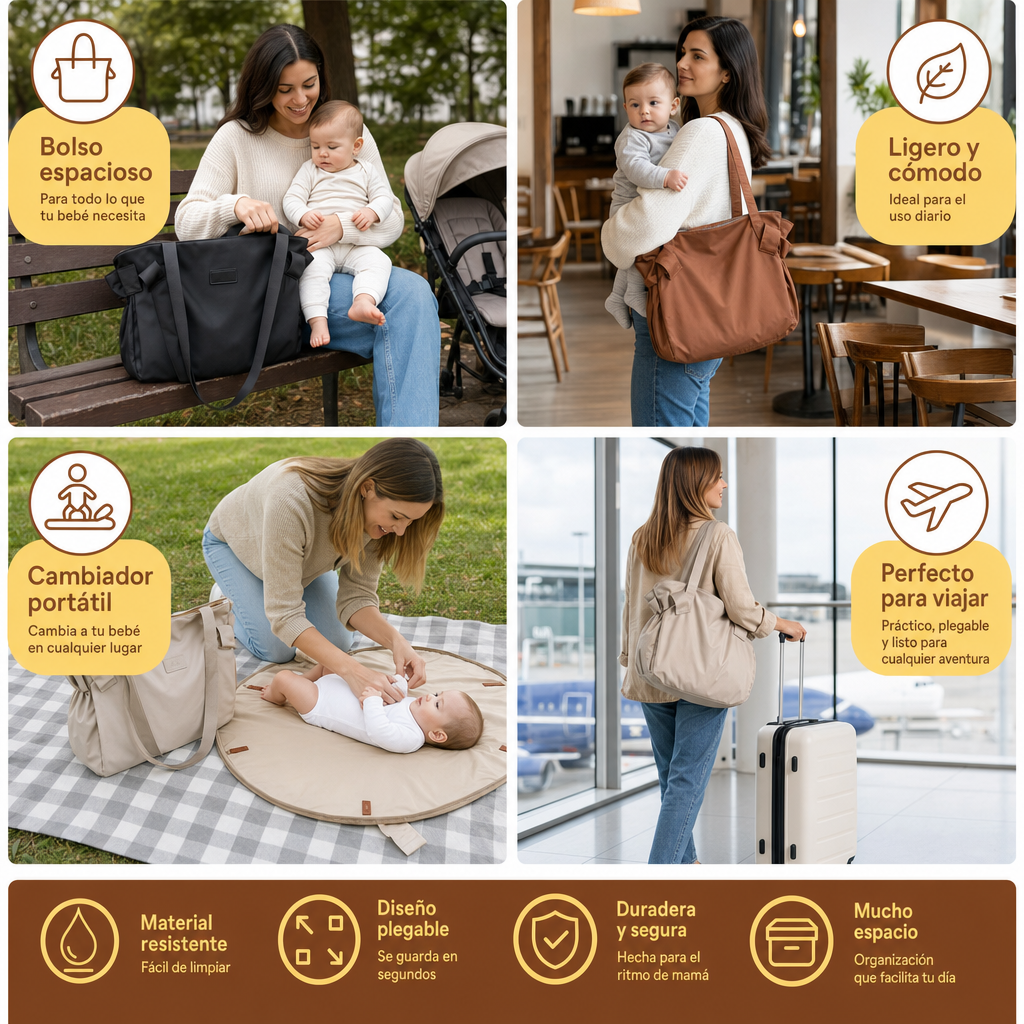 Bolsa de pañales plegable 2 en 1 con cambiador – Bolsa de viaje ligera y espaciosa para mamás