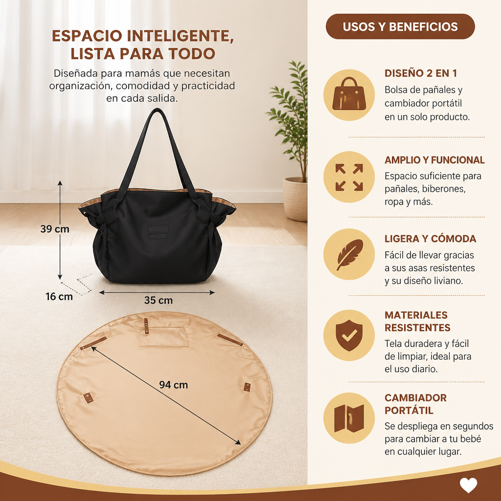 Bolsa de pañales plegable 2 en 1 con cambiador – Bolsa de viaje ligera y espaciosa para mamás
