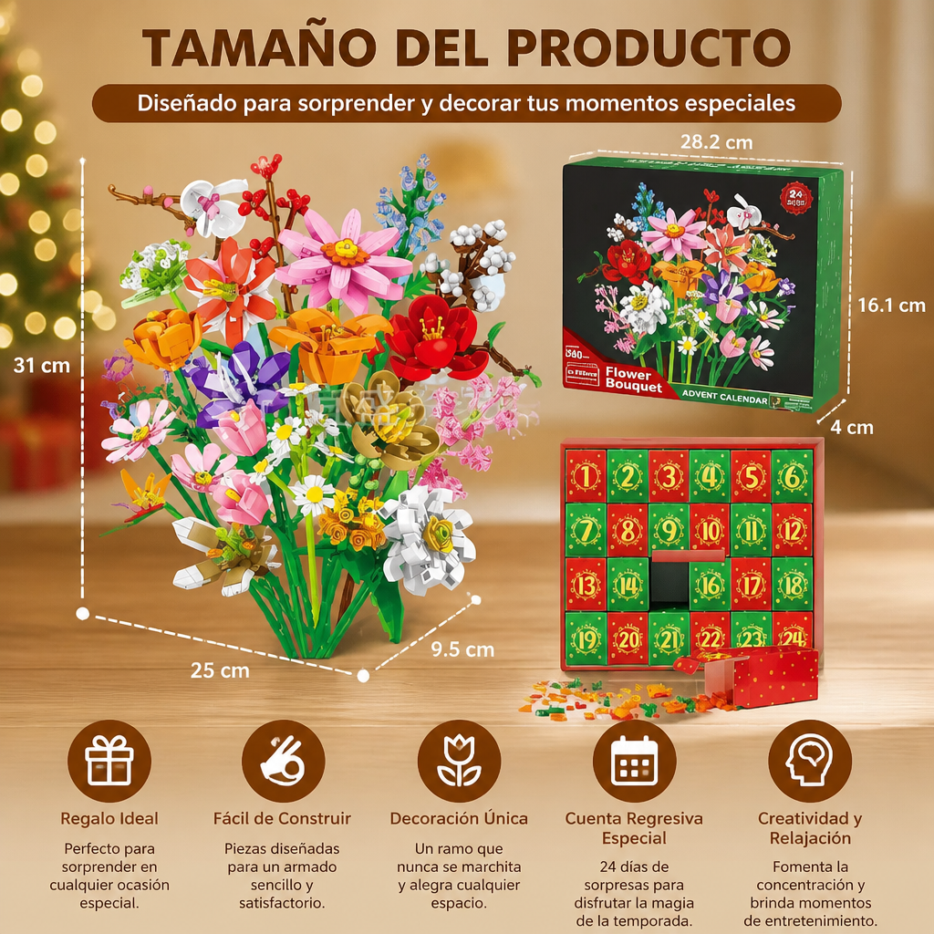 Calendario De Adviento Navideño Con Ramo De Flores De Bloques De Construcción