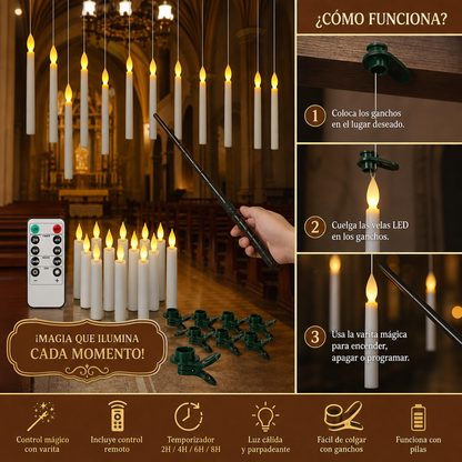 Velas LED Flotantes Controladas con Varita Mágica y Ganchos de Suspensión
