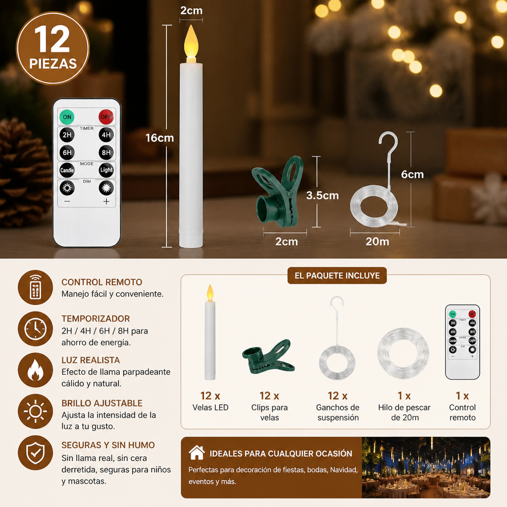 Velas LED Flotantes Controladas con Varita Mágica y Ganchos de Suspensión