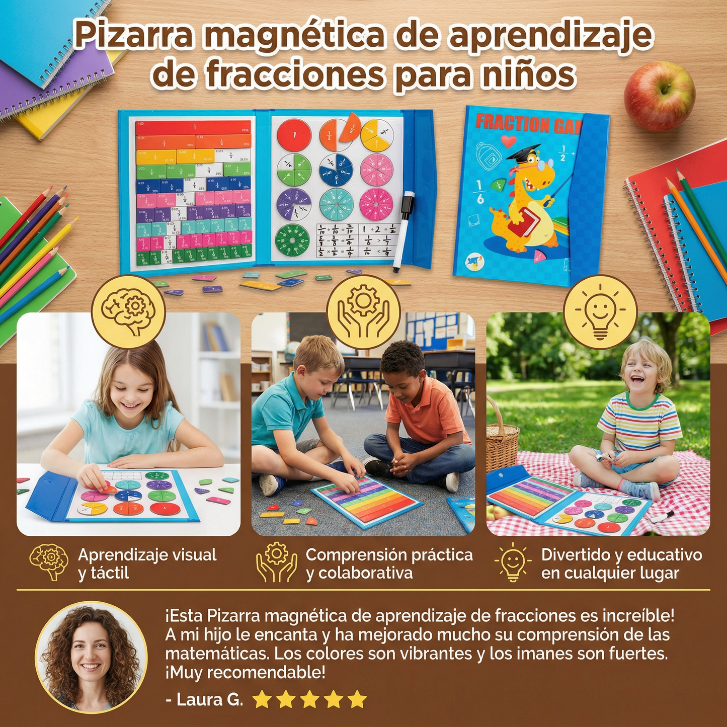 Pizarra magnética de aprendizaje de fracciones para niños | Colorida herramienta matemática para la comprensión de fracciones y operaciones