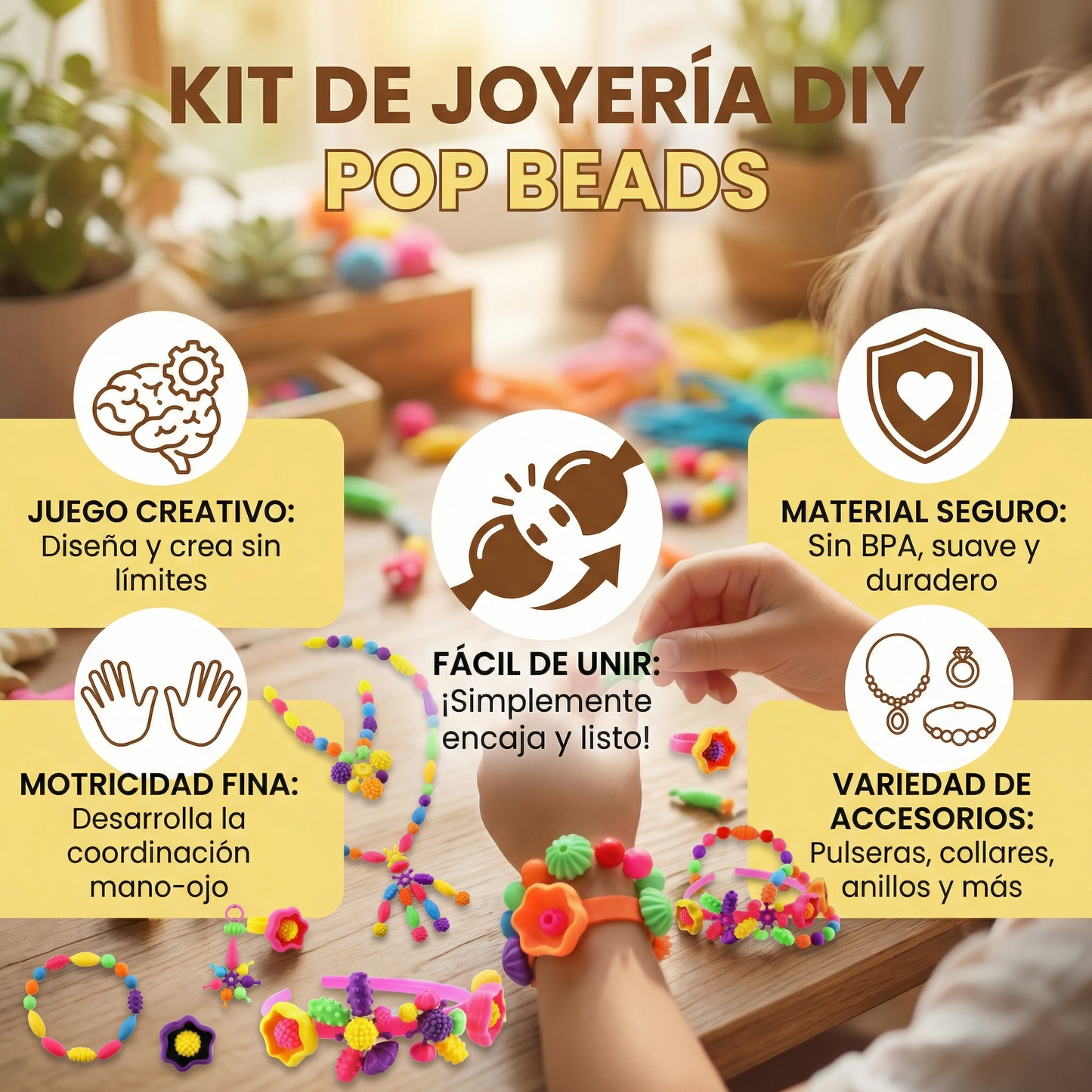 Juego de cuentas Pop para niños | Colorido kit de joyería DIY para juego creativo y desarrollo de habilidades motoras finas