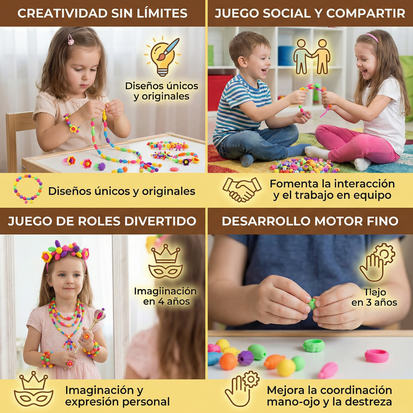 Juego de cuentas Pop para niños | Colorido kit de joyería DIY para juego creativo y desarrollo de habilidades motoras finas