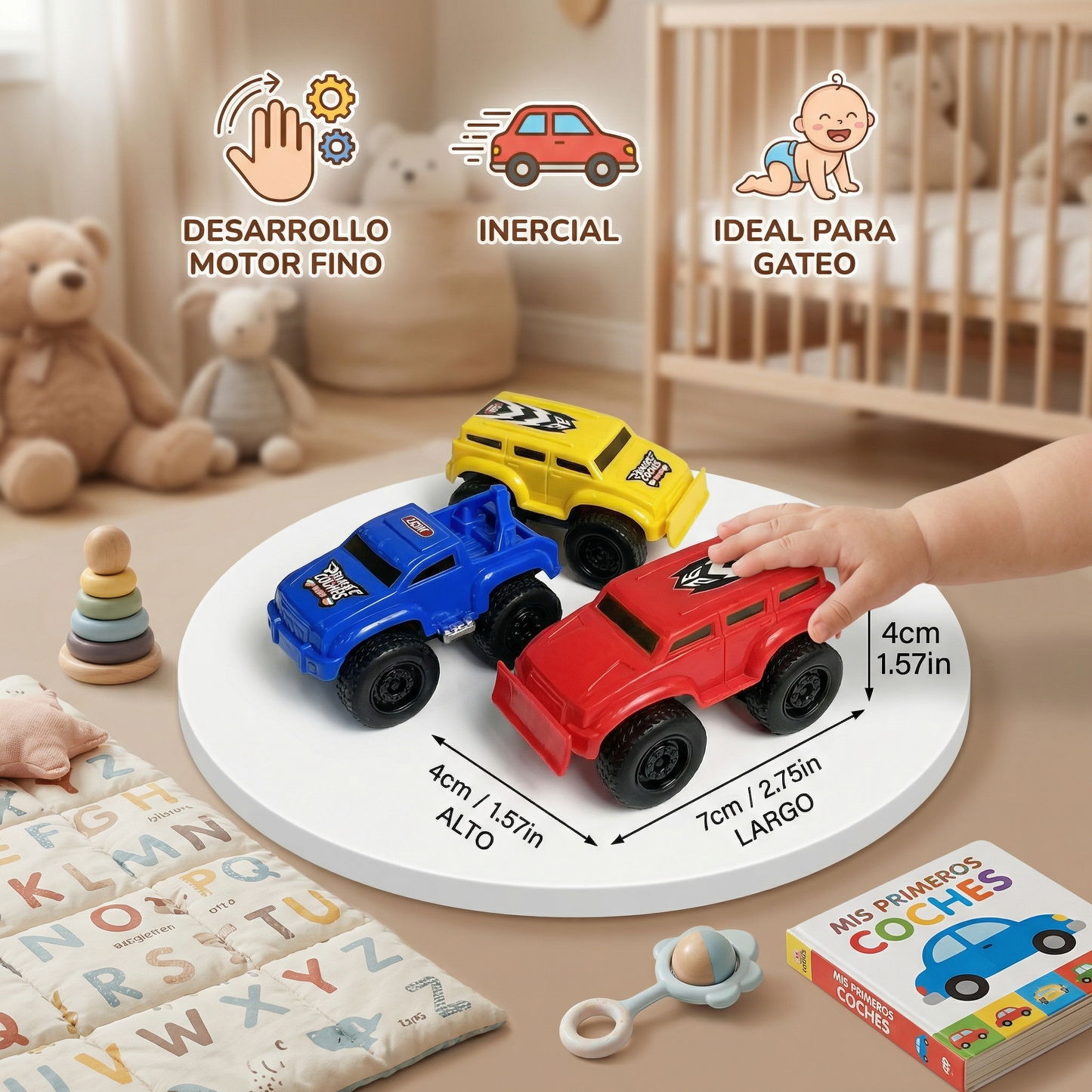 Minicoches de juguete para niños pequeños ⎜ Vehículos inerciales para gatear en interiores y desarrollar la motricidad fina