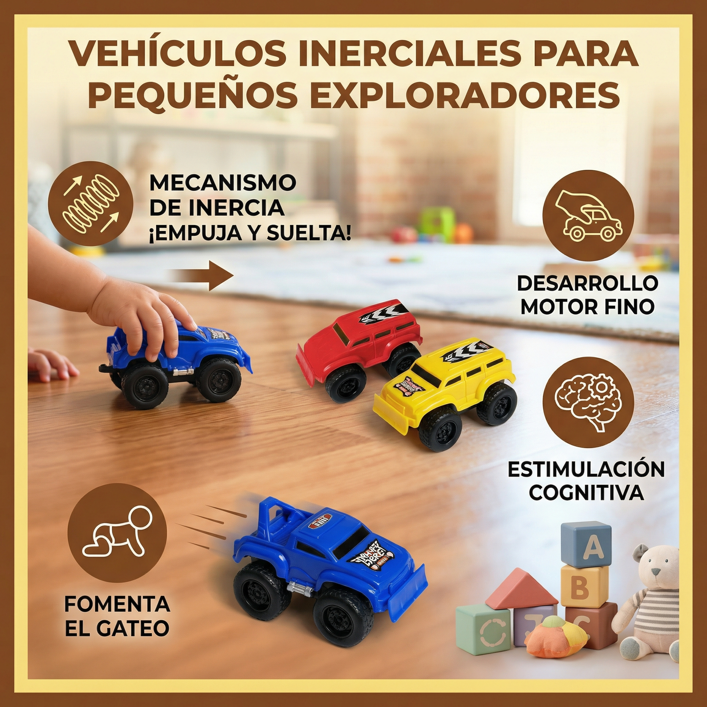 Minicoches de juguete para niños pequeños ⎜ Vehículos inerciales para gatear en interiores y desarrollar la motricidad fina