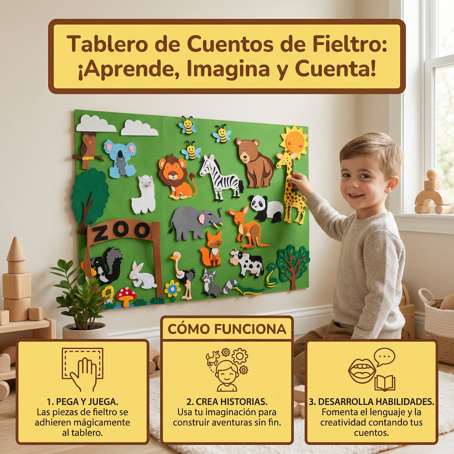 Tablero de cuentos de fieltro para niños ⎜ Kit educativo de bricolaje para aprender sobre animales, la imaginación y divertirse contando historias