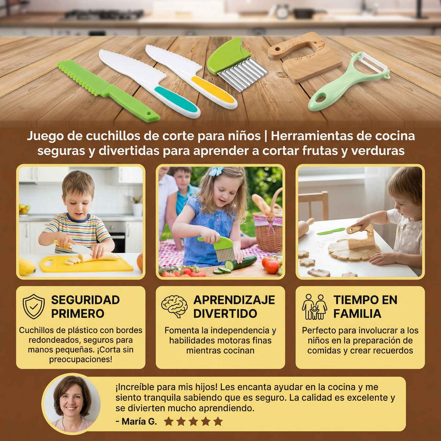 Juego de cuchillos de corte para niños | Herramientas de cocina seguras y divertidas para aprender a cortar frutas y verduras