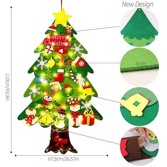 DIY Árbol de Navidad de fieltro para niños | Decoración de pared segura con adornos extraíbles para jugar y divertirse en vacaciones