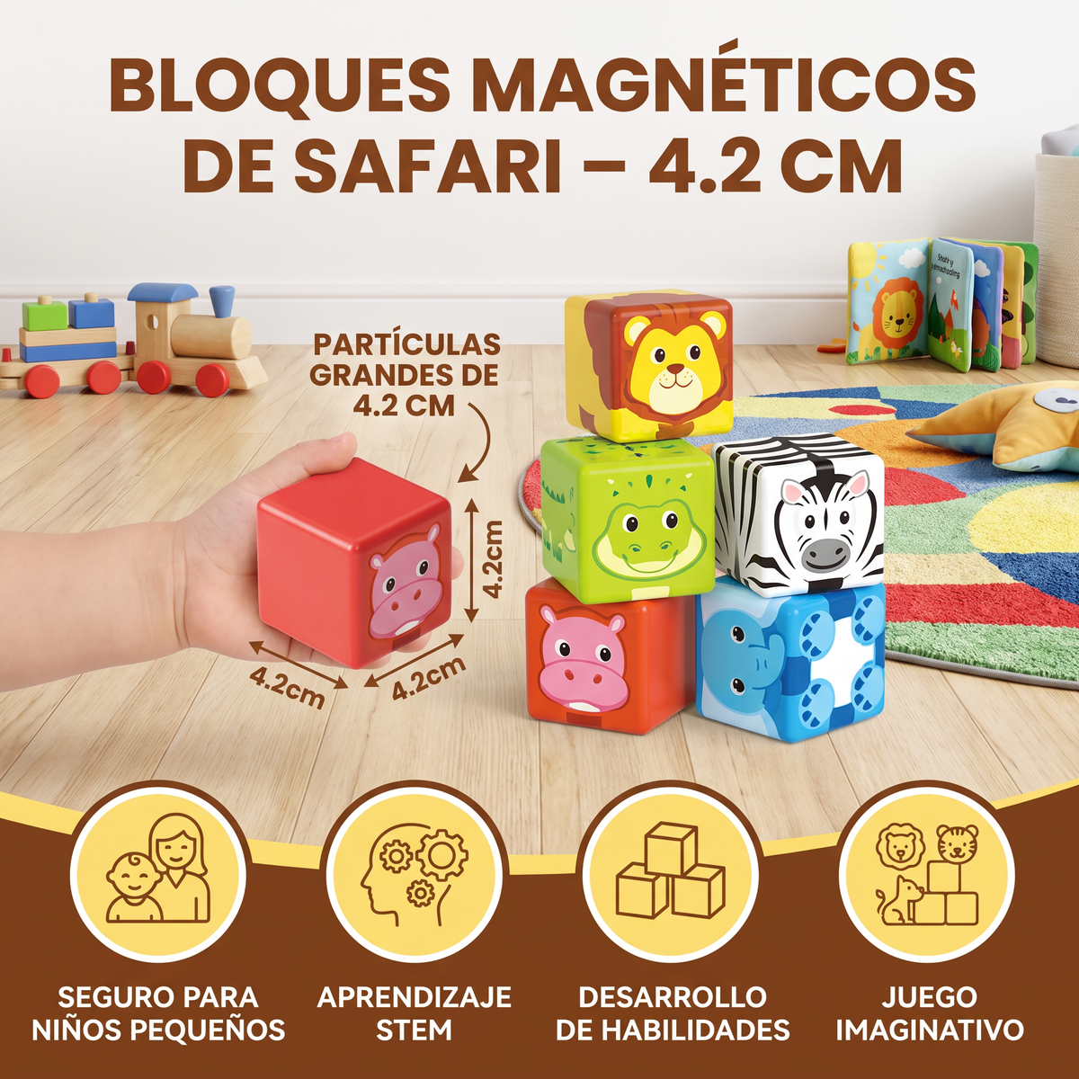 Bloques magnéticos de construcción con animales de safari de 4,2 cm seguros para niños pequeños – bloques de aprendizaje STEM