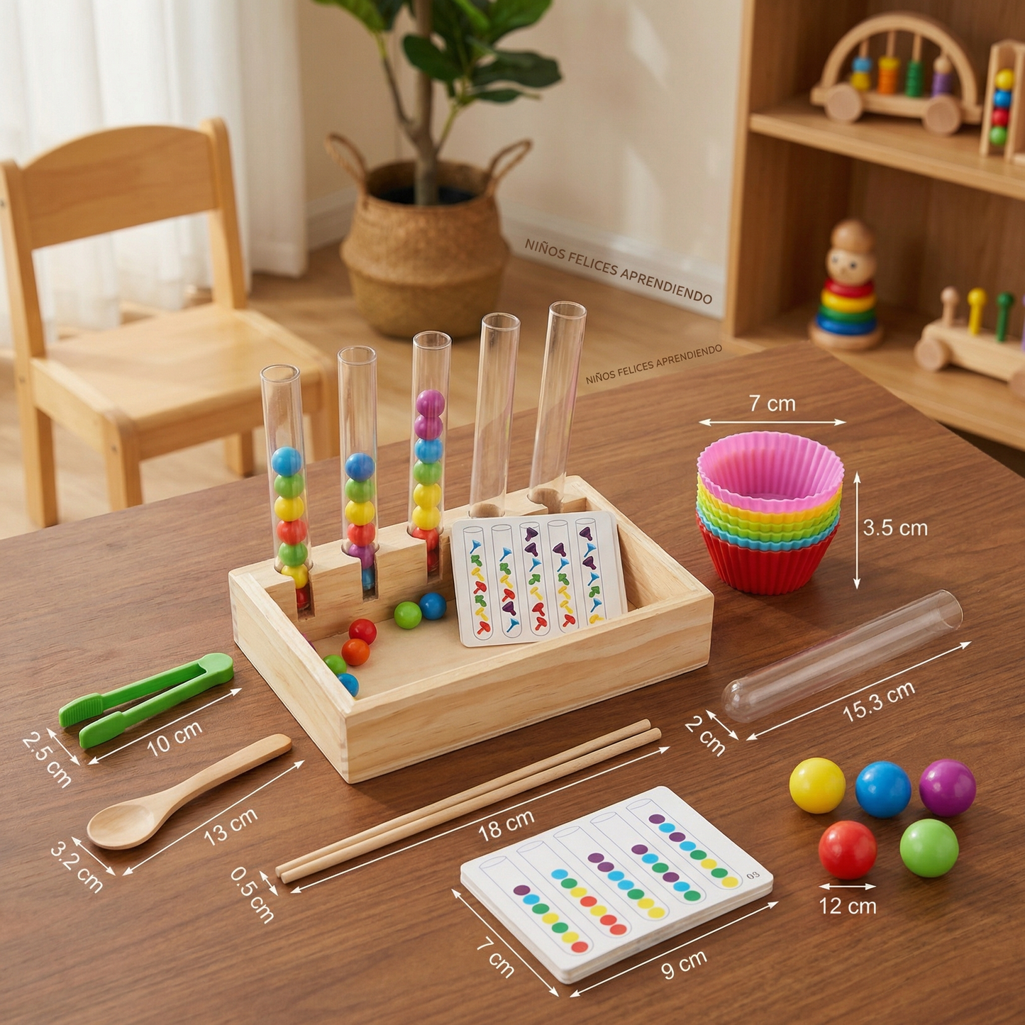Juego y set de aprendizaje Montessori con tubos de ensayo de colores y números