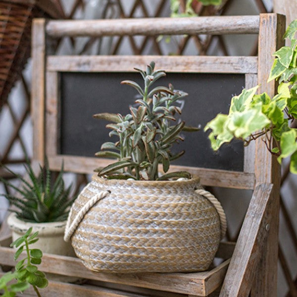 Maceta De Cerámica Para Plantas En Diseño De Bolsa De Cáñamo Con Asas De Cuerda - Maceta Decorativa Para Jardín Y Hogar